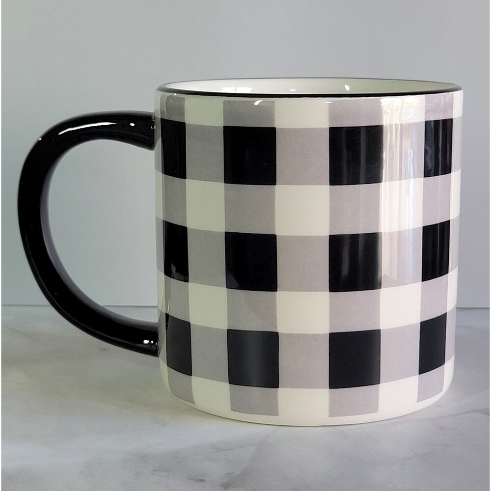 ROBERT STANLEY Black & White Buffalo Plaid Large Ceramic Coffee Mug Farmhouse - Picture 4 of 11